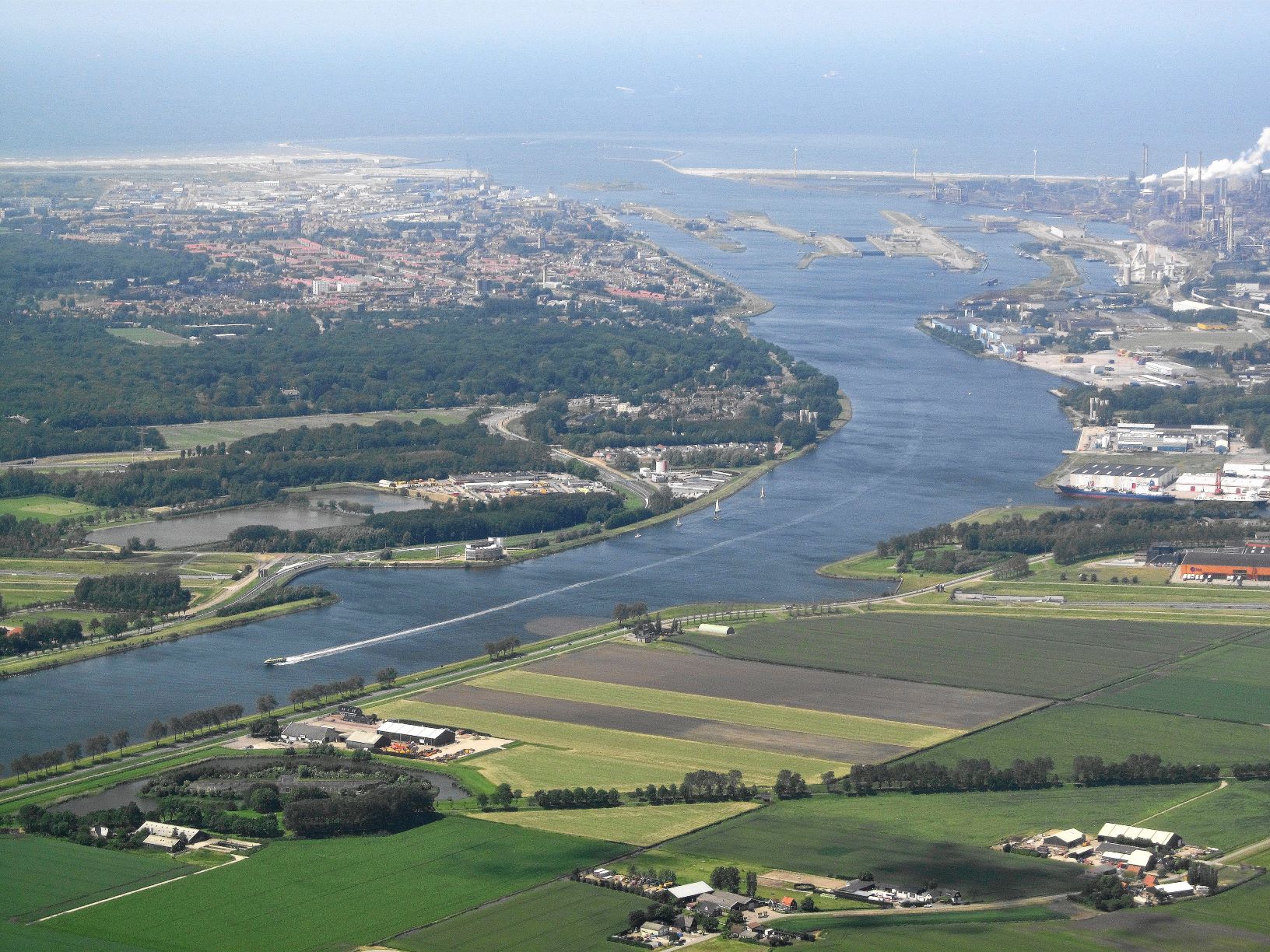 Aerial view of river and port